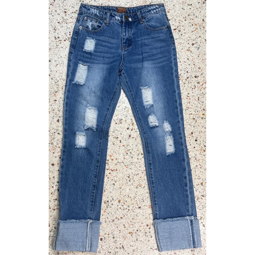 Pol Women's Distressed Crop Cuffed 5 Pocket Denim Jeans Size Small